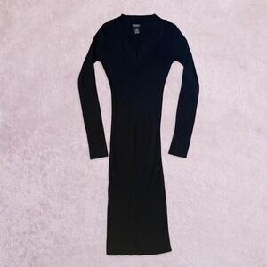 Bodycon ribbed knit‎ black dress knee length long sleeve stretch